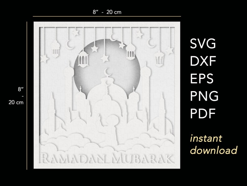 3D Ramadan shadow box svg cut files instant download. Size 8x8 inches, square shadow box template.