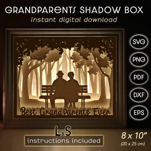 3D light shadow box design with grandparents sitting on a bench. This grandparents light box template includes SVG, PNG, PDF, DXF and EPS files for cutting machines and laser cut. Size 8x10 inches.