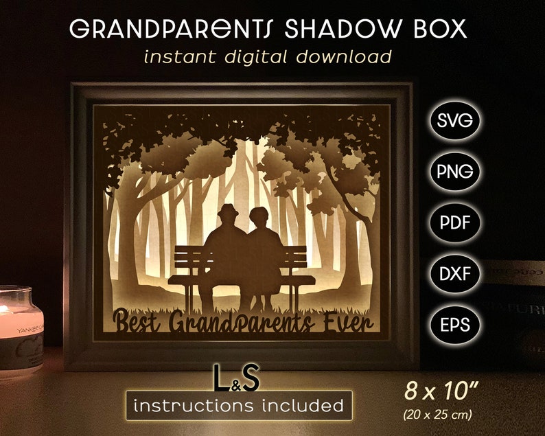 3D light shadow box design with grandparents sitting on a bench. This grandparents light box template includes SVG, PNG, PDF, DXF and EPS files for cutting machines and laser cut. Size 8x10 inches.