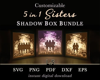 Customizable Sisters Shadow Box Svg Bundle, Family Shadowbox Svg Cricut, 3D Lightbox Svg, Paper Cut Light Box Template, Layered Laser Files