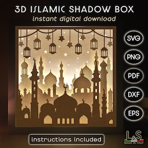 Islamique Shadow Box Svg Cricut, Ramadan Shadowbox Art, modèle de caisson lumineux en papier découpé, Svg 3D Lightbox, Svg déco arabe, fichiers laser en couches