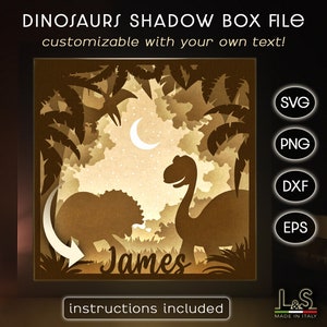 Caja de sombras personalizable para bebé niño, plantilla de caja de sombras de dinosaurio en capas, caja de luz 3D Svg, caja de sombras para guardería Svg Cricut, diseño de caja de luz
