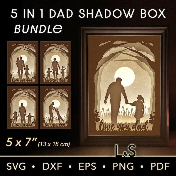 Dad and Kids Shadow Box Template 5 in 1 Light Box for Father's Day, SVG Night Light Cut File Download