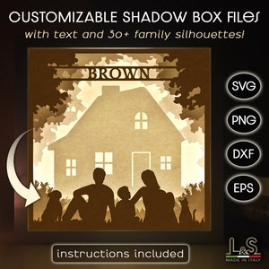 Aanpasbare familie Shadow Box Svg Cricut, New Home Shadowbox kunst, aangepaste lightbox Svg, papier gesneden lichtbak sjabloon, gepersonaliseerde Svg-bestanden