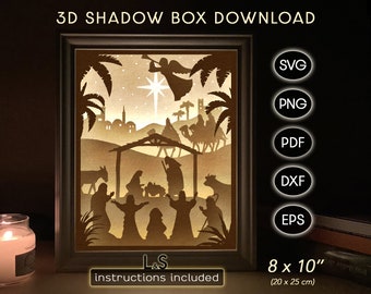 Nativity shadow box svg, Cricut Christmas light box svg, Christmas shadow box template, layered Christmas svg, 3D nativity paper cut