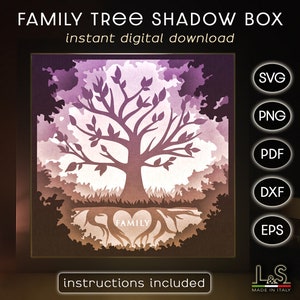 3D Stammbaum Schattenbox SVG Cricut, Papierschnitt Licht Box Kunst, 3D Layered Schattenbox SVG, Lightbox Vorlage für Laser Cut, Familie Schattenbox