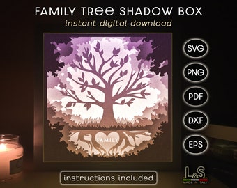 3D Family Tree Shadow Box Svg Cricut, Paper Cut Light Box Svg, 3D Layered Shadowbox Svg, Lightbox Template for Laser Cut, Family Shadow Box