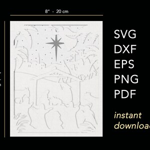 The size of this layered Christmas nativity shadow box template is 8x10 inches but it can be scaled. Files included are SVG, PNG, PDF, DXF and EPS.