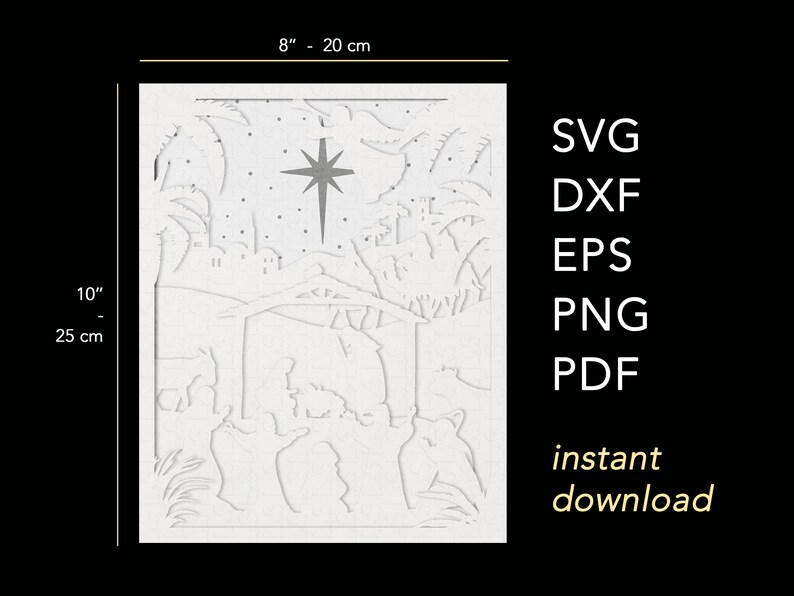 The size of this layered Christmas nativity shadow box template is 8x10 inches but it can be scaled. Files included are SVG, PNG, PDF, DXF and EPS.