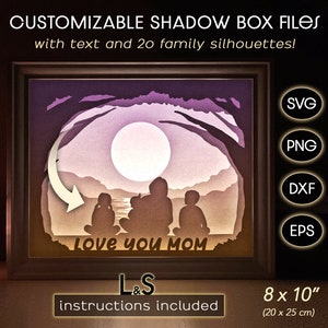 3D light box design with mother and kids. This customizable mom shadow box template includes SVG, PNG, DXF and EPS files for cutting machines and laser cut. Size 8x10 inches.