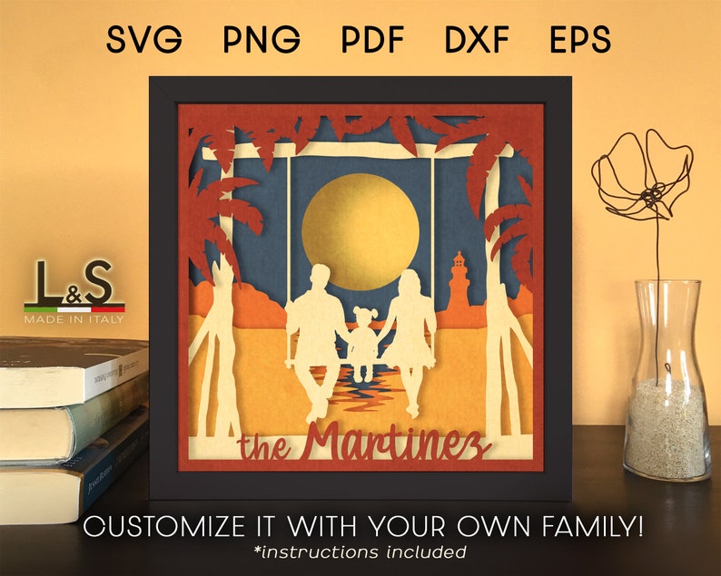 Layered shadow box design with family at the beach. This family portrait shadowbox svg template includes SVG, PNG, DXF and EPS files for cutting machines and laser cut. Size 8x8 inches.