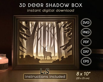 3D deer shadow box svg file for Cricut, paper light box template, deer in forest svg, layered laser file, light box svg, shadow box template