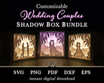 Customizable Wedding Shadow Box Svg Bundle, Couple Shadowbox Svg, Gay Anniversary File, Lesbian Wedding Svg Lightbox, 3D Light Box Template