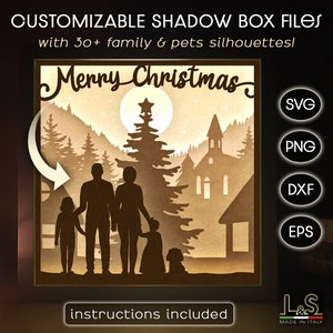 Christmas Family Shadow Box Svg, Customizable Family Portrait, Christmas Light Box Svg, Christmas Shadowbox Template, 3D Lightbox Cut File