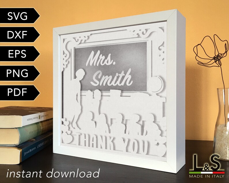 Layered shadow box design with female teacher and little girl. This customizable teacher shadowbox svg template includes SVG, PNG, PDF, DXF and EPS files for cutting machines and laser cut. Size 8x8 inches.