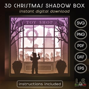 May include: A digital download of a 3D Christmas shadow box design featuring a toy shop window with a child looking out. The design is available in SVG, PNG, PDF, DXF, and EPS formats. Instructions are included.