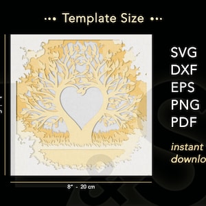 3D family tree shadow box svg cut files instant download. Size 8x8 inches, square shadow box template.