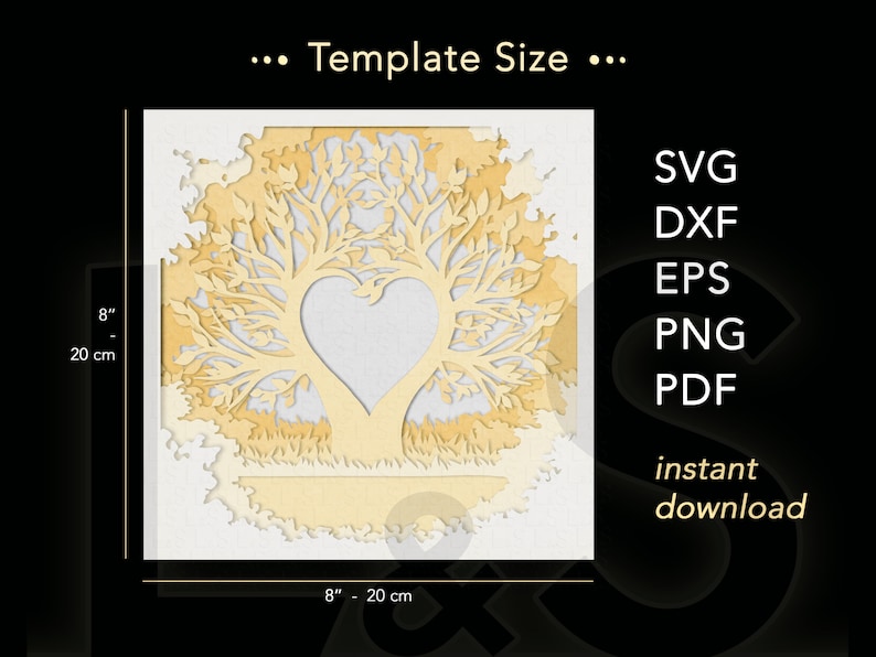 3D family tree shadow box svg cut files instant download. Size 8x8 inches, square shadow box template.