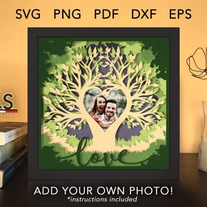 Customizable shadowbox design with heart tree. This couple shadow box svg template is customizable with your own photo. This love shadow box includes SVG, PNG, PDF, DXF and EPS files. Size 8x8 inches.