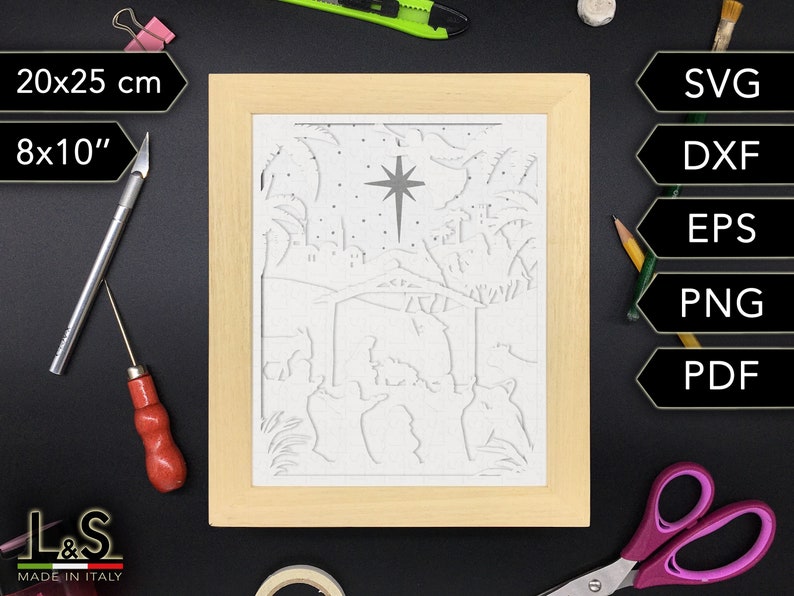 Layered Christmas nativity shadowbox template digital download. Files included are SVG, PNG, PDF, DXF, EPS. This 3D Christmas shadow box can be made with white or colored cardstock inside a shadow box frame with LED lights in it.