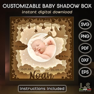 Aanpasbare nieuwe baby Shadow Box Svg Cricut, pasgeboren Shadowbox Svg, lightbox-sjabloon, baby fotolijstje Svg, baby fotolijstje laserbestand