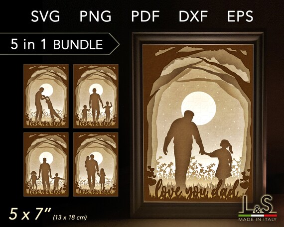 Download Dad And Kids Shadow Box Template 5 In 1 Light Box For Father S Day Svg Night