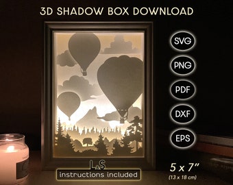 Paper cut light box svg, Cricut shadow box svg, hot air balloon svg night light, shadow box template, 3D layered paper, laser cut lamp file