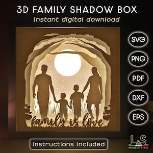 Modello per scatola ombreggiata per famiglie, file in formato svg per scatola luminosa 3D, file in formato svg per scatola ombreggiata a strati 3D per Cricut, file in formato svg per scatola ombreggiata, modello per scatola luminosa, scatola luminosa per famiglie