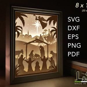 Layered Christmas nativity light box cut files download. Files included are SVG, PNG, PDF, DXF, EPS. This 3D Christmas shadow box design represents a complete nativity scene in the desert with LED lights in it for a semi-transparent back lit effect.