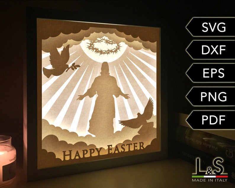 3D light box design with Jesus resurrection and doves at sunrise. This Easter shadow box template includes SVG, PNG, PDF, DXF and EPS files for cutting machines and laser cut. Size 8x8 inches.