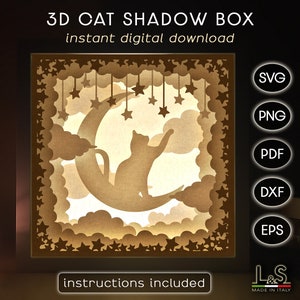 3D light shadow box design with cat on moon with stars. This cat light box template includes SVG, PNG, PDF, DXF and EPS files for cutting machines and laser cut. Size 8x8 inches.