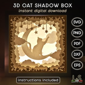 3D light shadow box design with cat on moon with stars. This cat light box template includes SVG, PNG, PDF, DXF and EPS files for cutting machines and laser cut. Size 8x8 inches.