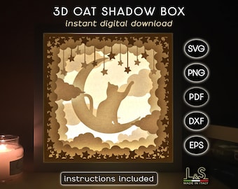 Cat Shadowbox Template, Kids Shadow Box Svg Cricut, 3D Paper Cut Light Box Svg, Lightbox Laser Cut Files, Layered Cat Svg, Cat on Moon Png