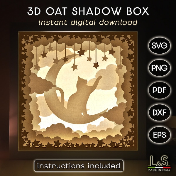 Cat Shadowbox Template, Kids Shadow Box Svg Cricut, 3D Paper Cut Light Box Svg, Lightbox Laser Cut Files, Layered Cat Svg, Cat on Moon Png