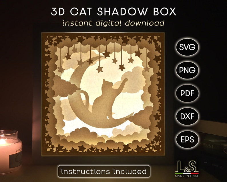 3D light shadow box design with cat on moon with stars. This cat light box template includes SVG, PNG, PDF, DXF and EPS files for cutting machines and laser cut. Size 8x8 inches.