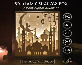 May include: A 3D Islamic shadow box with a layered design depicting a mosque silhouette under a crescent moon and stars. The text "3D Islamic Shadow Box" and "instant digital download" are at the top. The image includes file type icons and the text "instructions included".