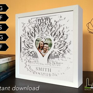 Customizable lighted shadow box design with family tree. This family lightbox template is customizable with photo and name. This family tree light box includes SVG, PNG, PDF, DXF and EPS files. Size 8x8 inches.