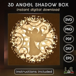 Scatola delle ombre di angelo di Natale Svg, modello di scatola luminosa tagliata in carta 3D, scatola delle ombre di Natale Svg, scatola luminosa tagliata in carta Svg, file tagliati al laser a strati