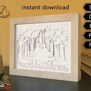 Layered shadow box design with grandparents sitting on a bench. This grandparents shadowbox svg template includes SVG, PNG, PDF, DXF and EPS files for cutting machines and laser cut. Size 8x10 inches.