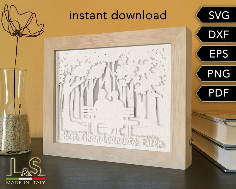 Layered shadow box design with grandparents sitting on a bench. This grandparents shadowbox svg template includes SVG, PNG, PDF, DXF and EPS files for cutting machines and laser cut. Size 8x10 inches.