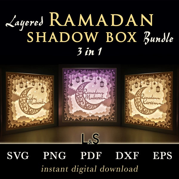 Ramadan Shadow Box Svg Bundle, Islamic Shadowbox Art, 3D Lightbox Svg, Arabic Decor Svg, Paper Cut Light Box Template, Ramadan Laser Files