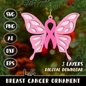 Fichier découpé au laser ornement cancer du sein, ornement de Noël en papier Svg Cricut, Svg de sensibilisation au cancer du sein, Svg papillon en couches 3D