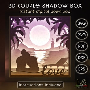 Couple Shadowbox Svg plage, mariage Shadow Box Svg Cricut, fichier Svg amour Lightbox, modèle de boîte à lumière pour la Saint-Valentin, art de la découpe de papier en couches 3D