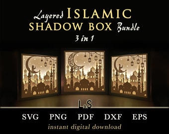 3D Ramadan Shadow Box Bundle, Islamische Shadowbox Kunst, Papierschnitt Lightbox SVG-Dateien für Cricut, Islamische Laser Cut-Datei, Light Box Vorlage