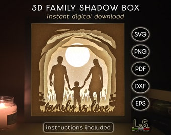 File svg per la scatola delle ombre della famiglia per Cricut, file svg per la scatola luminosa 3D, modello per la scatola delle ombre della famiglia, file svg per la scatola luminosa a strati, modello per la scatola delle ombre illuminata