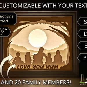 3D light shadow box design with mother and children. This customizable mum light box template includes SVG, PNG, DXF and EPS files for cutting machines and laser cut. Size 8x10 inches.