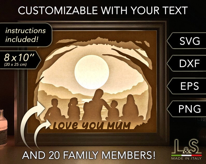 3D light shadow box design with mother and children. This customizable mum light box template includes SVG, PNG, DXF and EPS files for cutting machines and laser cut. Size 8x10 inches.