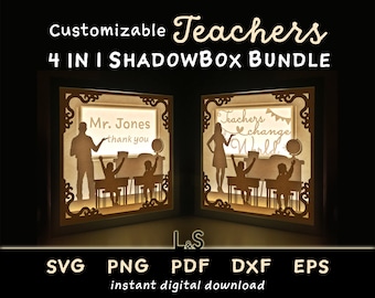 Customizable Teacher Shadow Box Svg Bundle, Papercut Lightbox Svg, 3D Teacher Shadowbox Svg, Paper Cut Light Box Template, Layered Laser Art