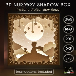 File SVG Little Prince 3D Shadow Box per Cricut, modello di scatola luminosa ritagliata in carta, creazione fai da te di scatola luminosa per adulti e bambini, luce notturna SVG