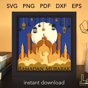 Layered shadowbox design for Ramadan with boy praying. This Islamic shadow box svg template includes SVG, PNG, PDF, DXF and EPS files for cutting machines and laser cut. Size 8x8 inches.